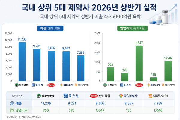 국내 5대 제약사 상반기 매출 4조5000억원…매출은 '유한양행'ㆍ수익성은 '한미약품'